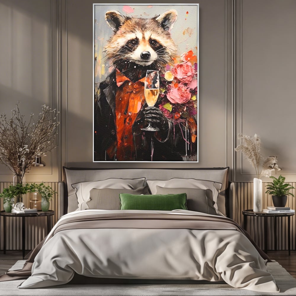 Tablou canvas cu tablou canvas cu raton elegant tinand pahar de sampanie, in rama de aluminiu argintiu, pe perete intr-un dormitor